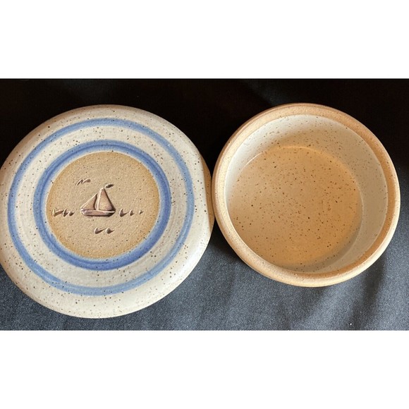 Blue stripe stoneware crock with lid with sail boat  6” X 2.5” - Picture 6 of 11
